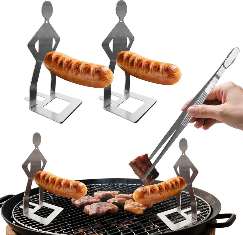 BADAO 2 PCS Funny BBQ Stand Hot Dog Holder with Fine Long Pointed Tips Tweezer Tongs,Portable Hot Dog Roaster,Reusable Stainless Steel Cooking Kit for Kitchen,BBQ,Plating,Serving,Grill Accessories - Image 1
